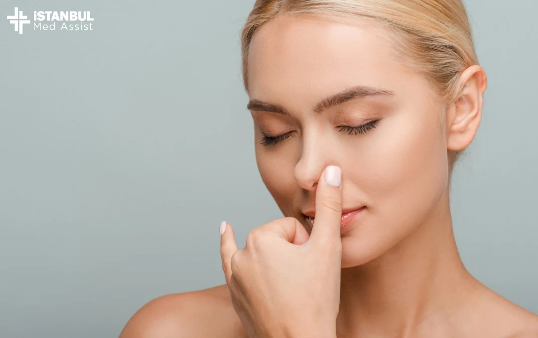A beautiful girl is gently touching her nose. Achieving the rhinoplasty of your dreams is possible.