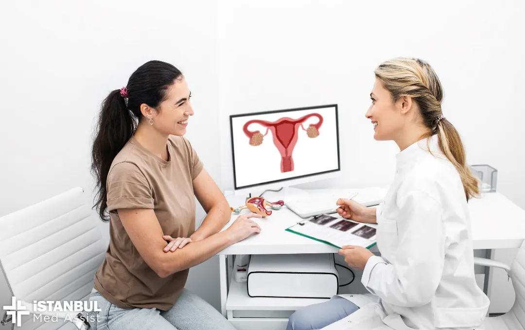A relaxed woman is talking to her gynecologist.