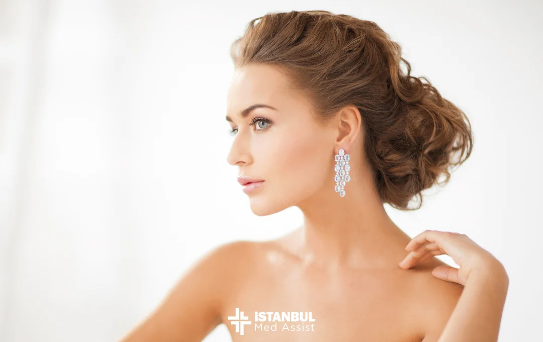 A beautiful woman is looking at her earring. Undergoing otoplasty can result in a significant improvement in one's physical appearance.