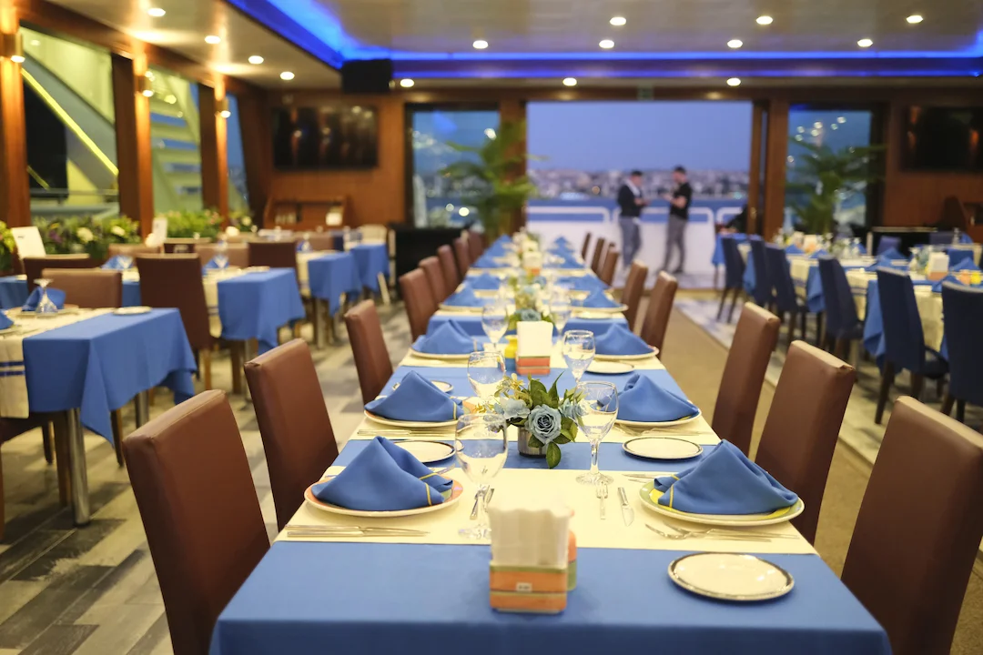 Food tables on a night cruise in the bosphorus