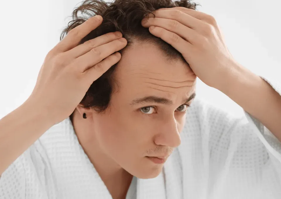 a man looking his hair for checking is there hair loss